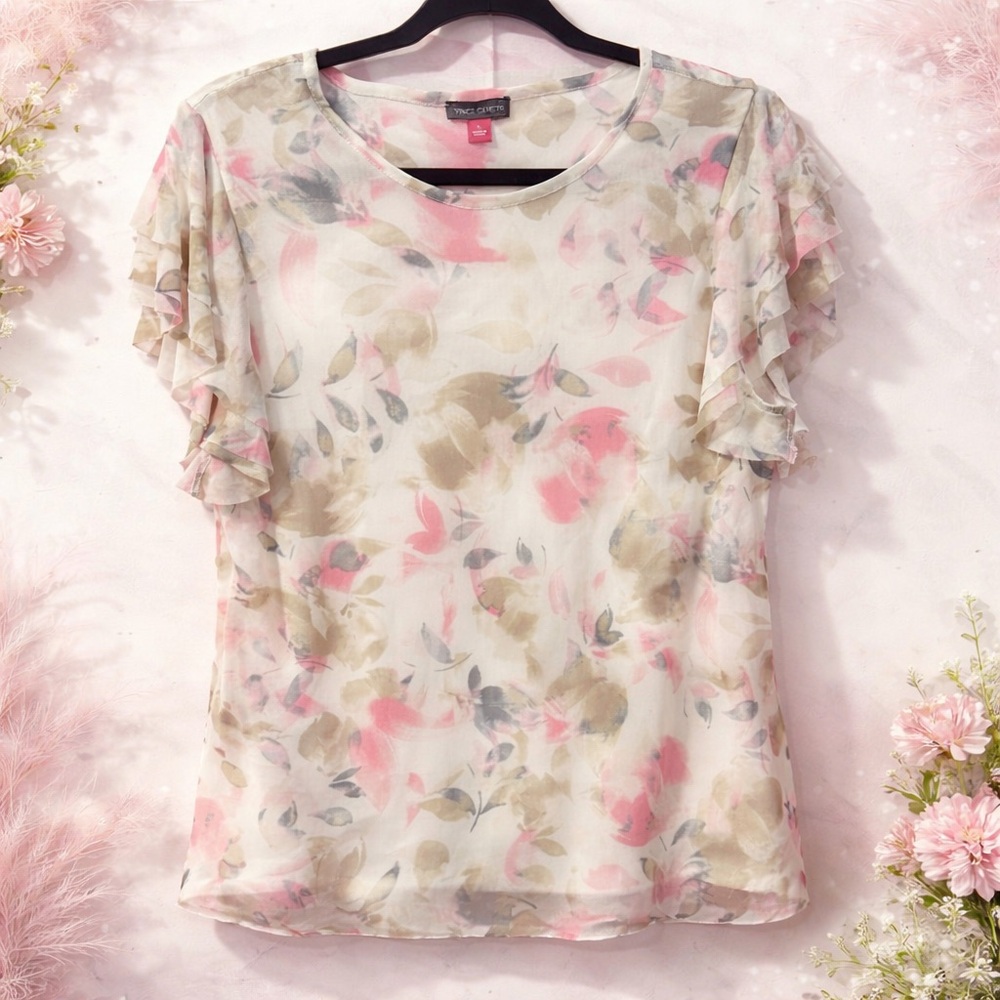 Vince Camuto Pink and Tan Floral Blouse